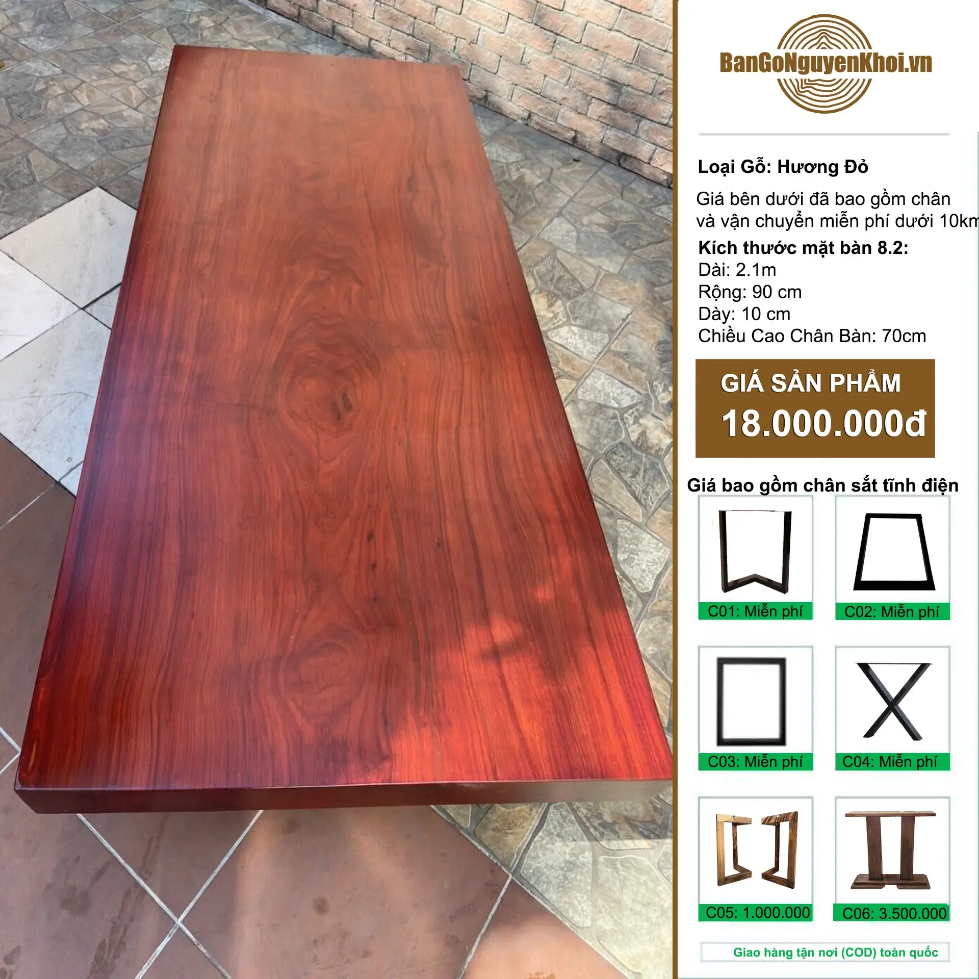 Bàn Gỗ Hương Đỏ Nguyên Tấm Tự Nhiên Dài 2m1