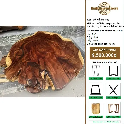 Bàn Tròn Gỗ Me Tây Nguyên Khối Kiểu Tự Nhiên 1m4