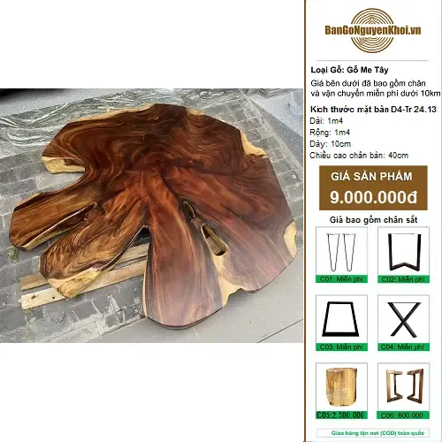 Bàn Tròn Gỗ Me Tây Nguyên Tấm Kiểu Tự Nhiên 1m4