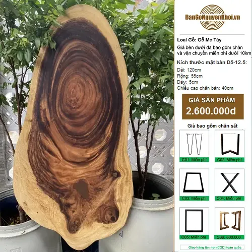 Bàn Gỗ Nguyên Tấm Gỗ Me Tây Kiểu Tự Nhiên 120cm