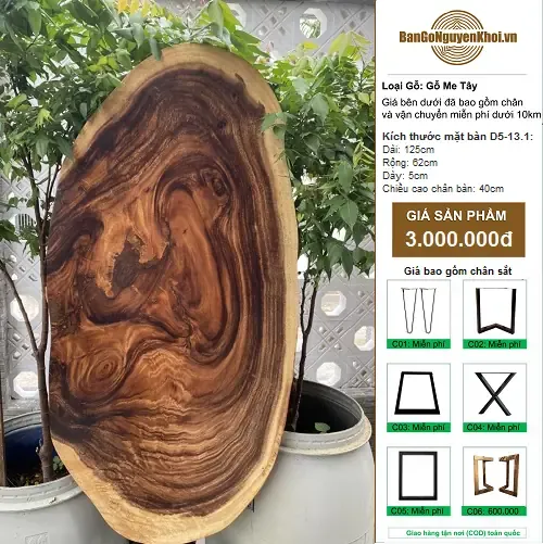 Bàn Gỗ Nguyên Tấm Gỗ Me Tây Kiểu Tự Nhiên 1m25