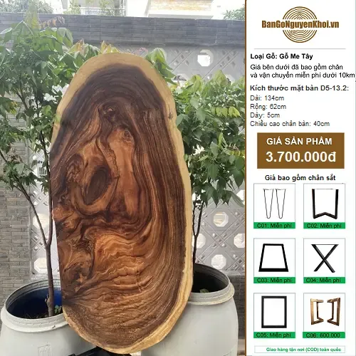 Bàn Gỗ Nguyên Tấm Gỗ Me Tây Kiểu Tự Nhiên 1m34