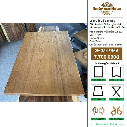Bàn Gỗ Tự Nhiên Lim Nâu Dài 1m40 Rộng 95cm Dày 7cm
