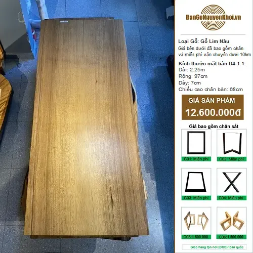 Bàn Gỗ Tự Nhiên Lim Nâu Dài 2m25 Rộng 97cm Dày 7cm