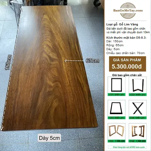 Bàn Gỗ Tự Nhiên Lim Vàng Vuông Vức Dài 1m5