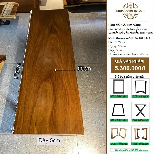 Bàn Gỗ Tự Nhiên Lim Vàng Vuông Vức Dài 1m73