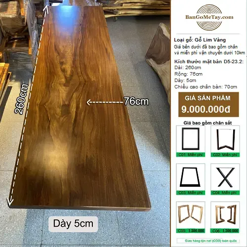 Bàn Gỗ Tự Nhiên Lim Vàng Vuông Vức Dài 2m6 Dày 5cm