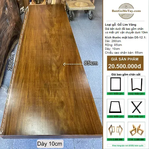 Bàn Gỗ Tự Nhiên Lim Vàng Vuông Vức Dài 2m8 Dày 10cm