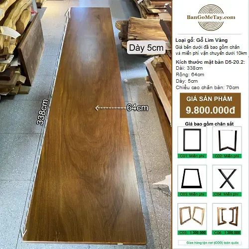 Bàn Gỗ Tự Nhiên Lim Vàng Vuông Vức Dài 3m38 Dày 5cm