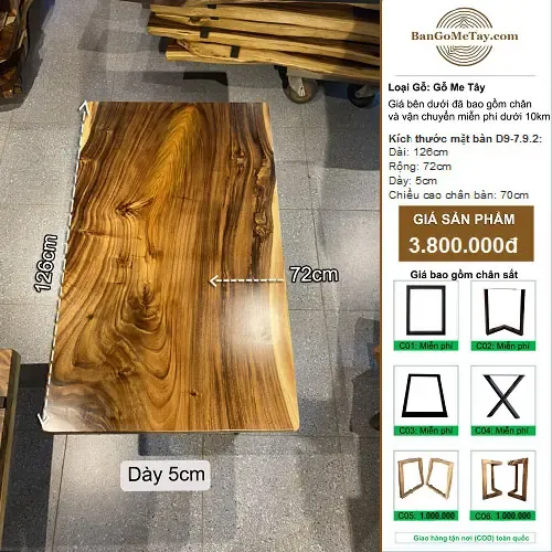 Bàn Gỗ Tự Nhiên Me Tây Vuông Vức Dài 1m26