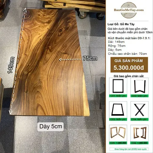 Bàn Gỗ Tự Nhiên Me Tây Vuông Vức Dài 1m49