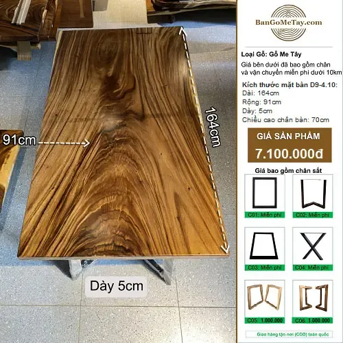 Bàn Gỗ Tự Nhiên Me Tây Vuông Vức Dài 1m64