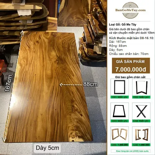 Bàn Gỗ Tự Nhiên Me Tây Vuông Vức Dài 1m67
