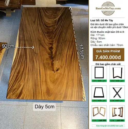 Bàn Gỗ Tự Nhiên Me Tây Vuông Vức Dài 1m71