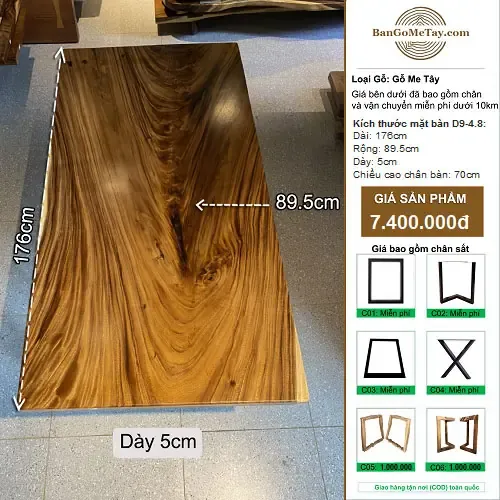 Bàn Gỗ Tự Nhiên Me Tây Vuông Vức Dài 1m76
