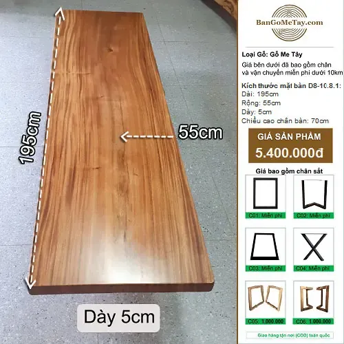 Bàn Gỗ Tự Nhiên Me Tây Vuông Vức Dài 1m95