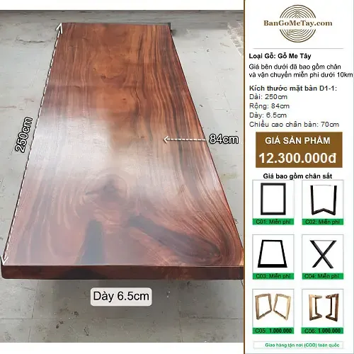 Bàn Gỗ Tự Nhiên Me Tây Vuông Vức Dài 2m5