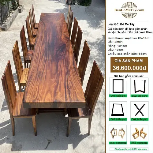 Bàn Gỗ Tự Nhiên Me Tây Vuông Vức Dài 3m64 Dày 10cm