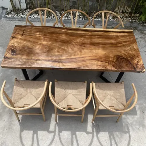 Bộ Bàn Ăn Gỗ Me Tây 6 Ghế Rời Wishbone Đan Dây