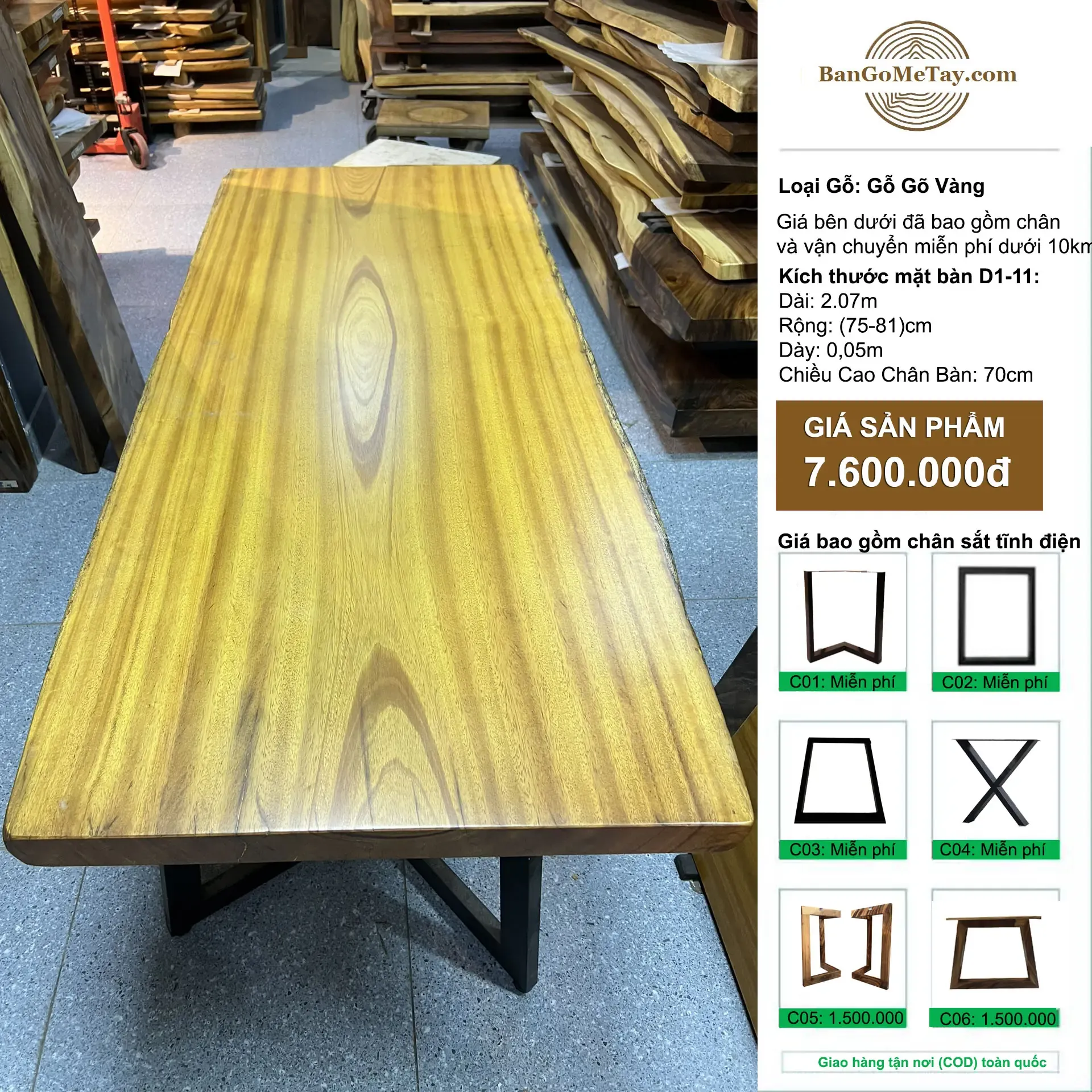 Bàn Gỗ Gõ Vàng Nguyên Tấm Dài 2m07
