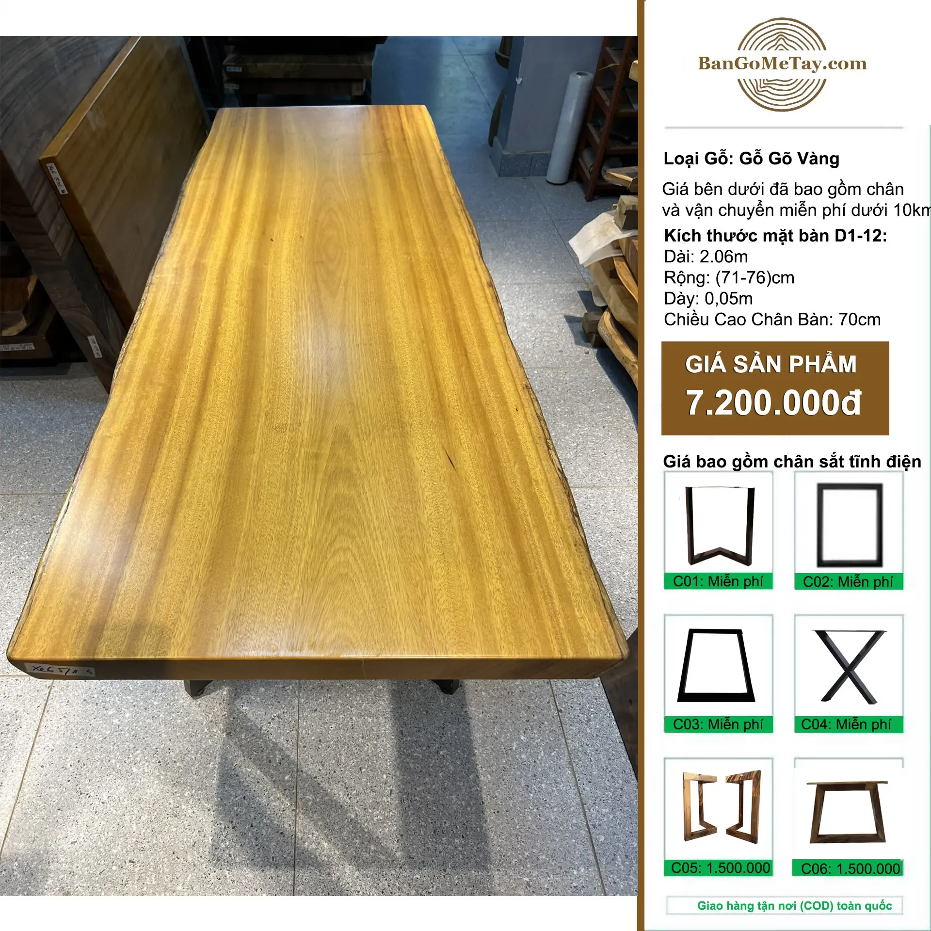 Bàn Gỗ Gõ Vàng Nguyên Tấm Dài 2m06