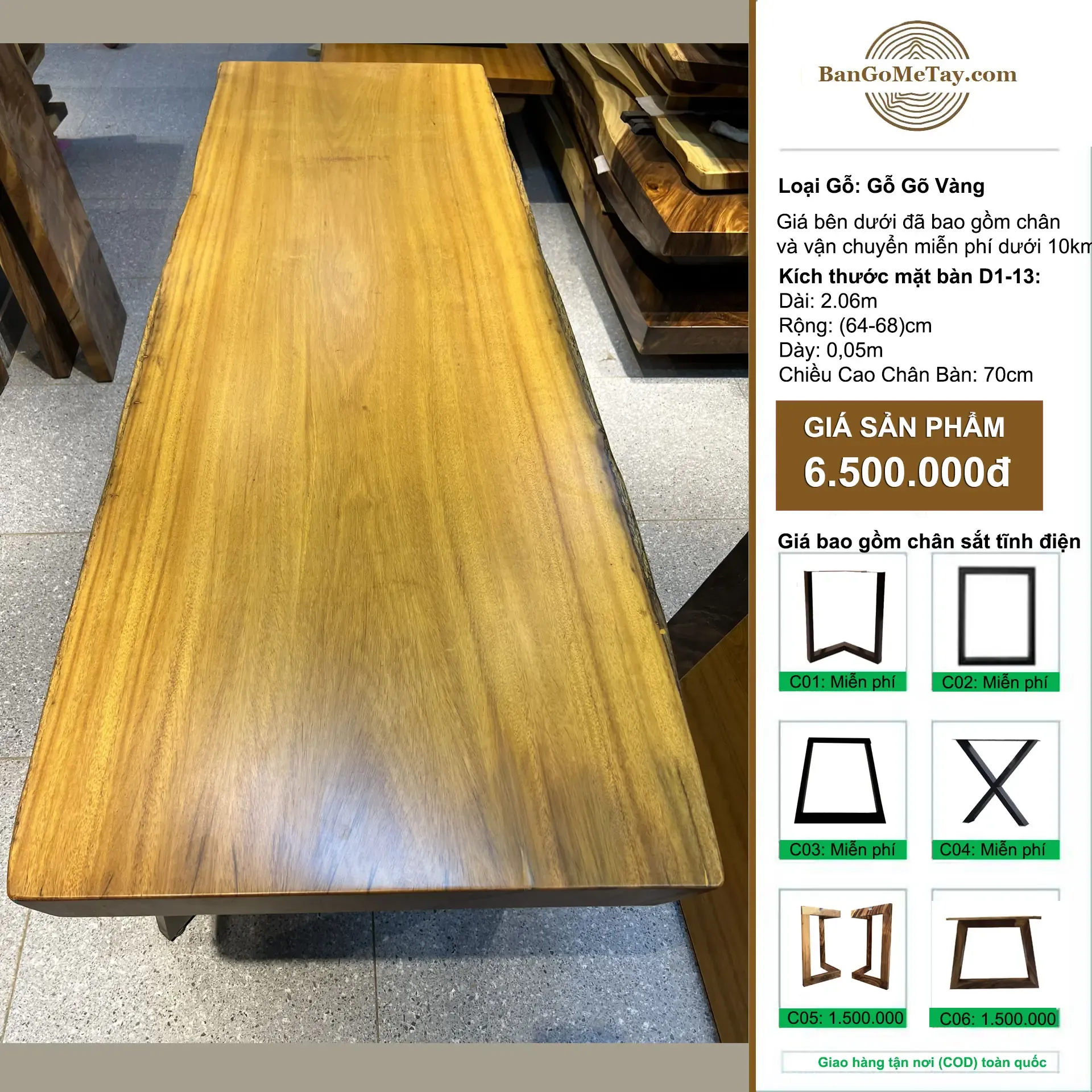 Bàn Nguyên Tấm Gỗ Gõ Vàng Làm Bàn Ăn Dài 2m06