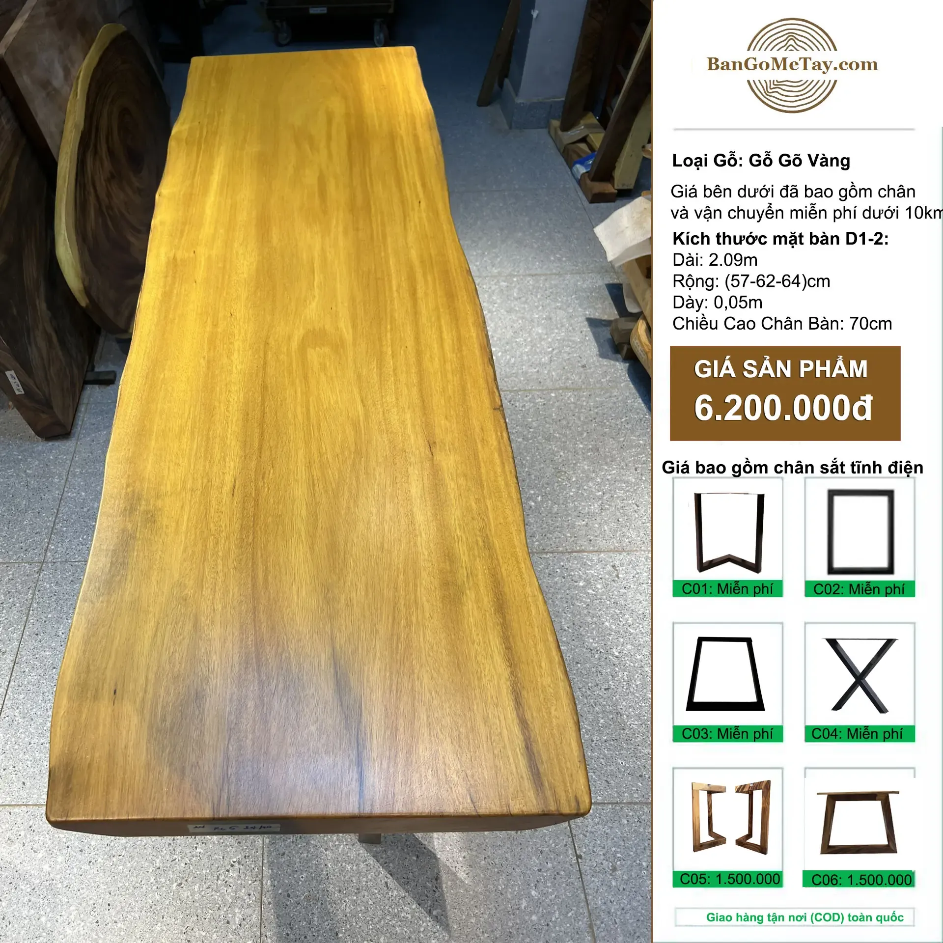 Bàn Ăn, Bàn Làm Việc Gỗ Gõ Vàng Dài 2m09 Dày 5cm