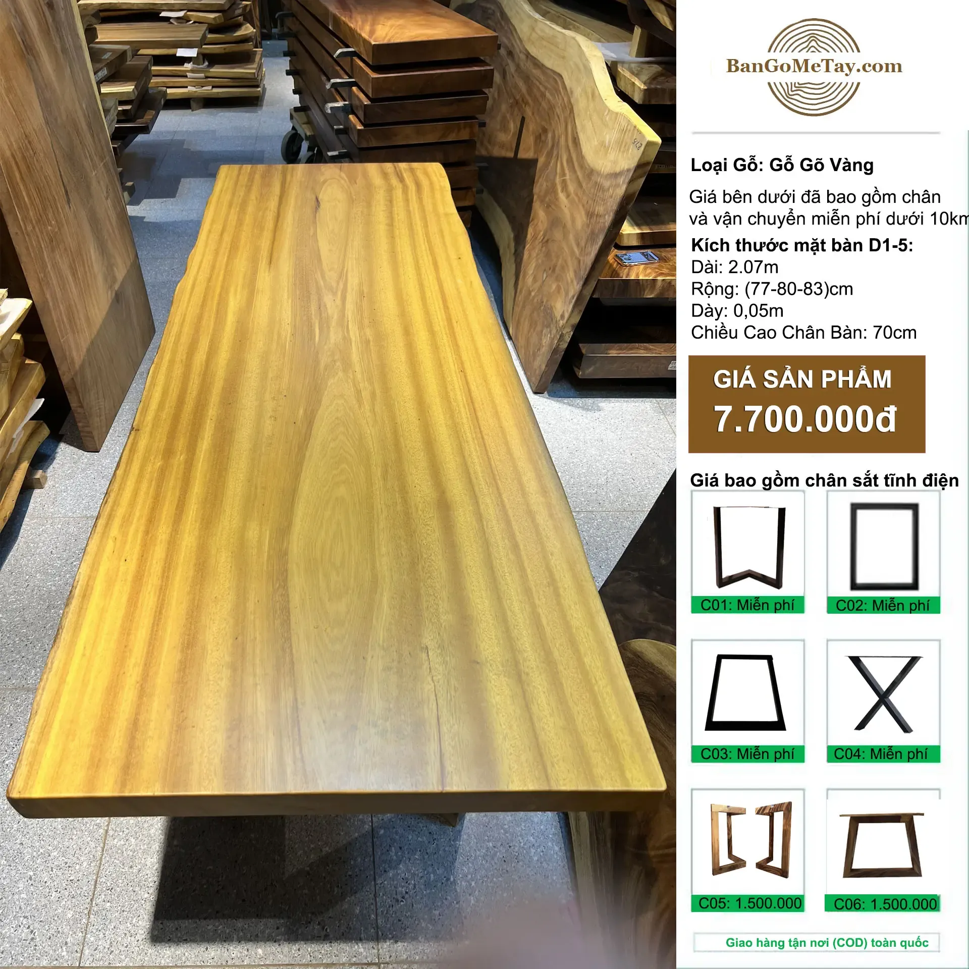 Bàn Nguyên Tấm Gỗ Gõ Vàng Dài 2m07 Làm Bàn Làm Việc