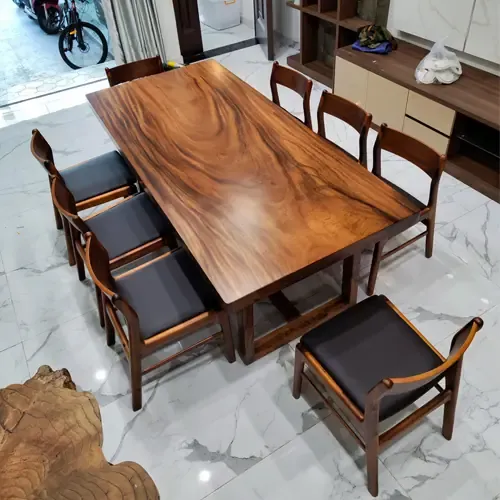 Bộ Bàn Ăn Gỗ Me Tây Nguyên Tấm 8 Ghế Benla