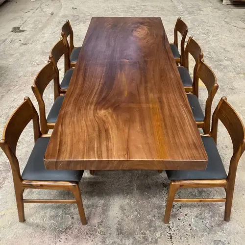 Bộ Bàn Ăn Gỗ Me Tây Nguyên Tấm Dài 2m4 Dày 7cm