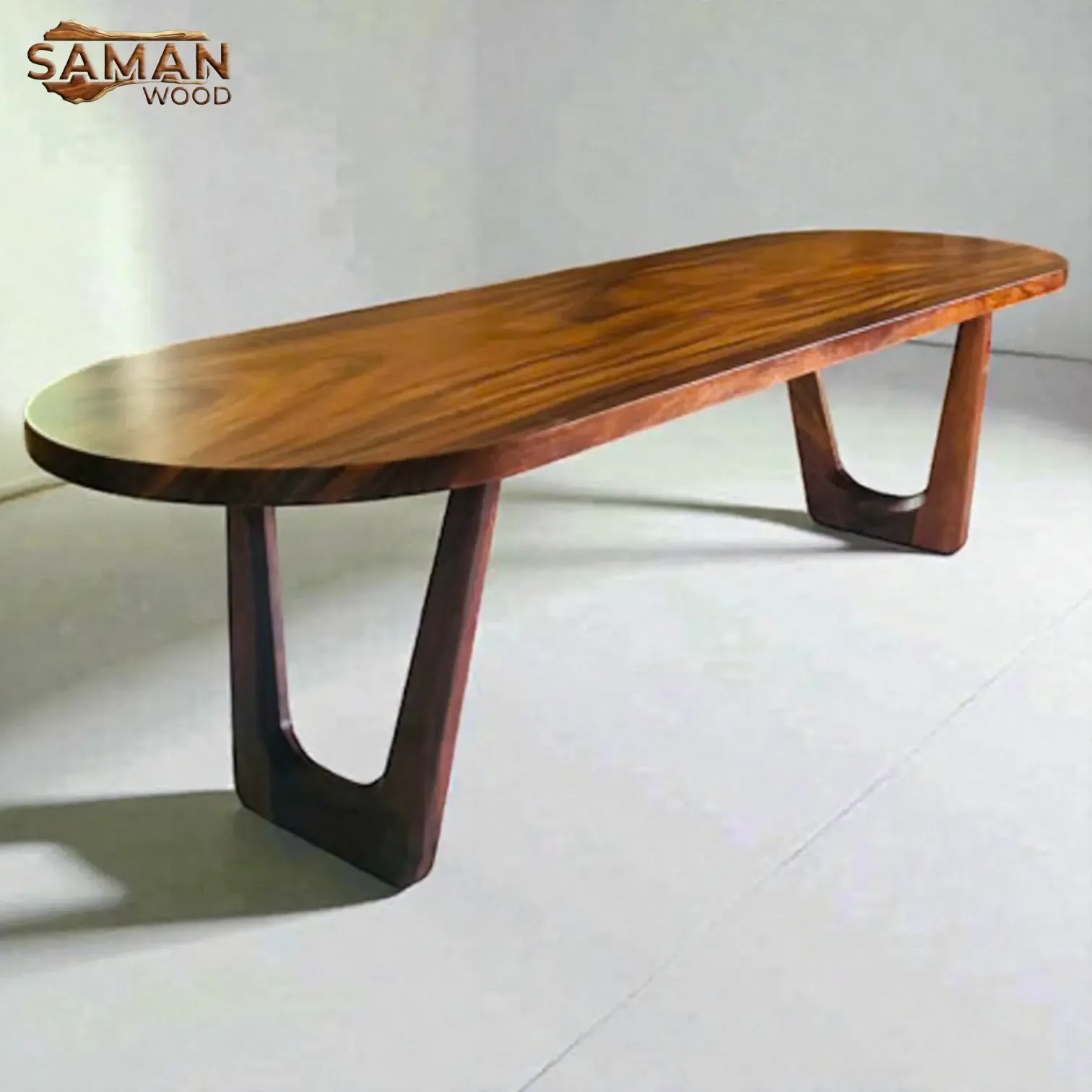 Bàn Oval Hiện Đại Gỗ Nguyên Tấm Kết Hợp Chân Gỗ V