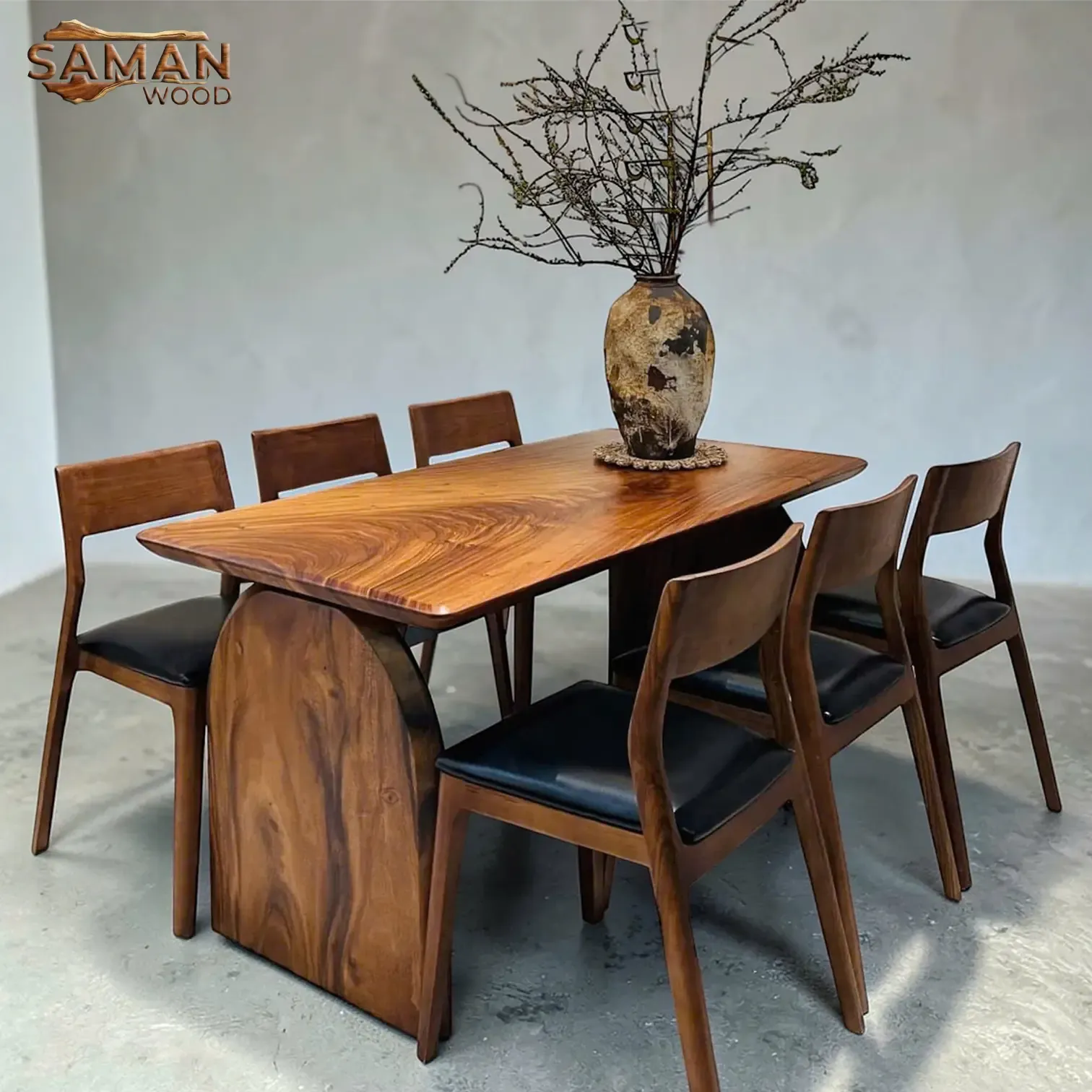 Bộ Bàn Ăn Gỗ Tự Nhiên Chân Bo Tròn Nguyên Tấm + 6 Ghế November