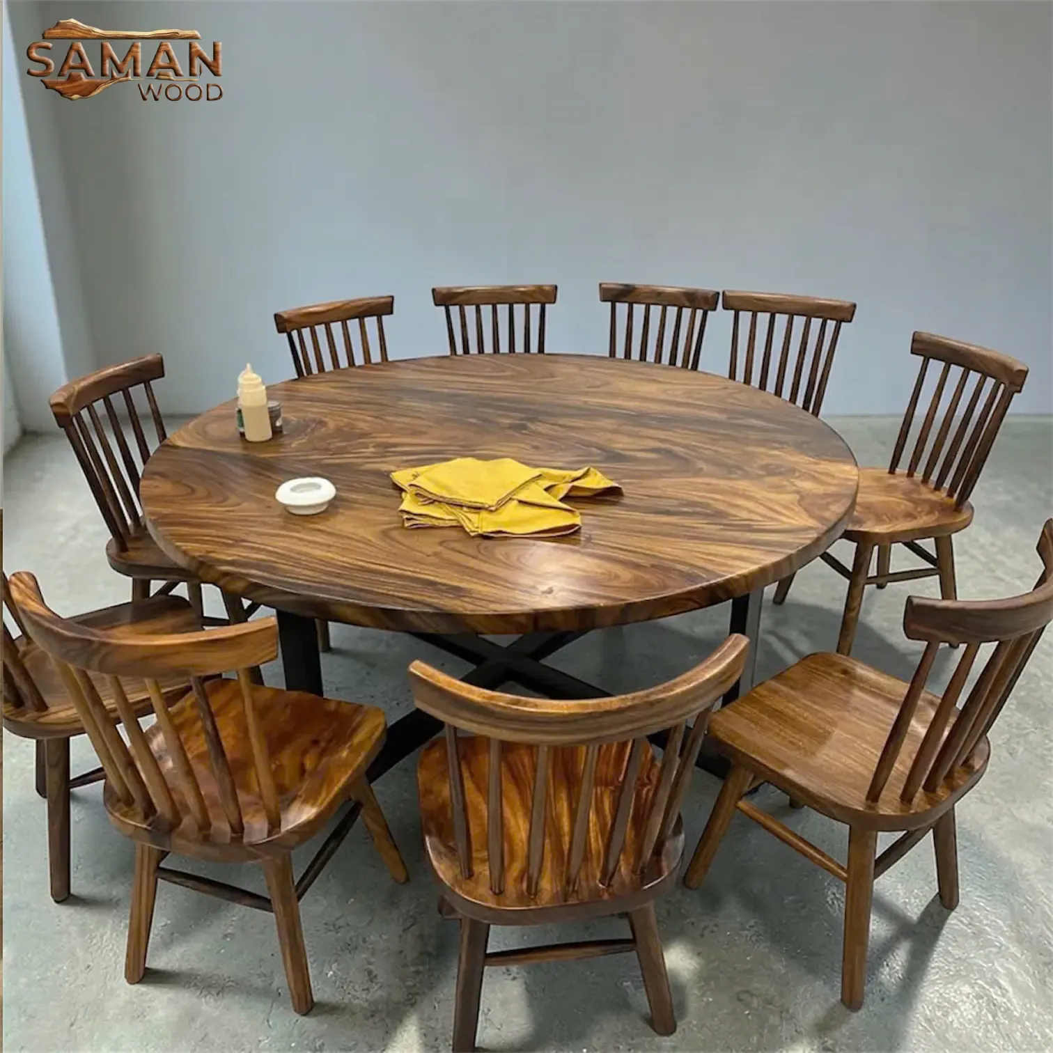 Bàn Ăn Tròn Gỗ Tự Nhiên 1m8 10 Chỗ Ngồi + Ghế 7 Nan Me Tây