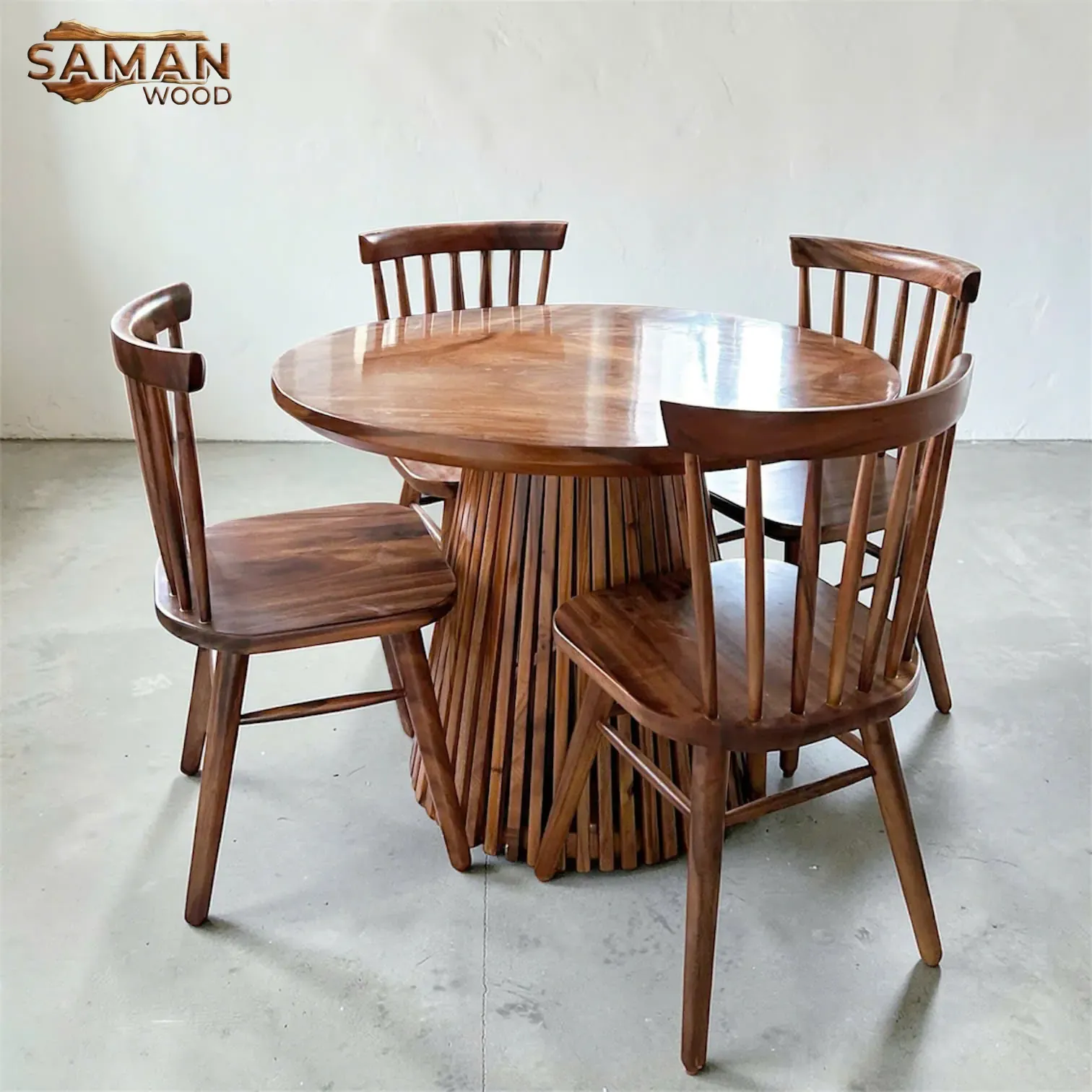 Bàn Ăn Tròn Gỗ Tự Nhiên 1m + 4 Ghế 7 Nan