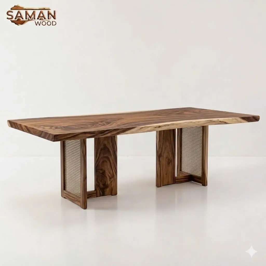 Mẫu Bàn Gỗ Tự Nhiên Đẹp – Chân Bàn mây Mắt Cáo (BGMT-08)