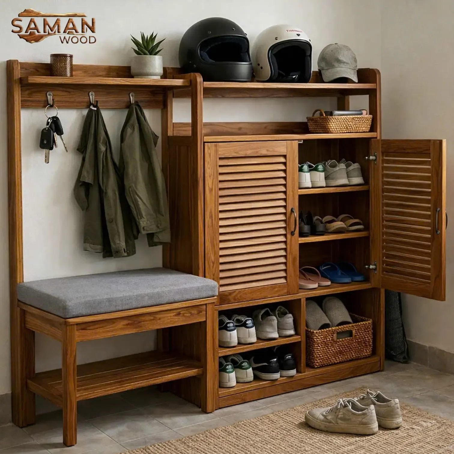 Tủ Để Giày Gỗ Tự Nhiên Me Tây Có Chỗ Ngồi Thay Giày