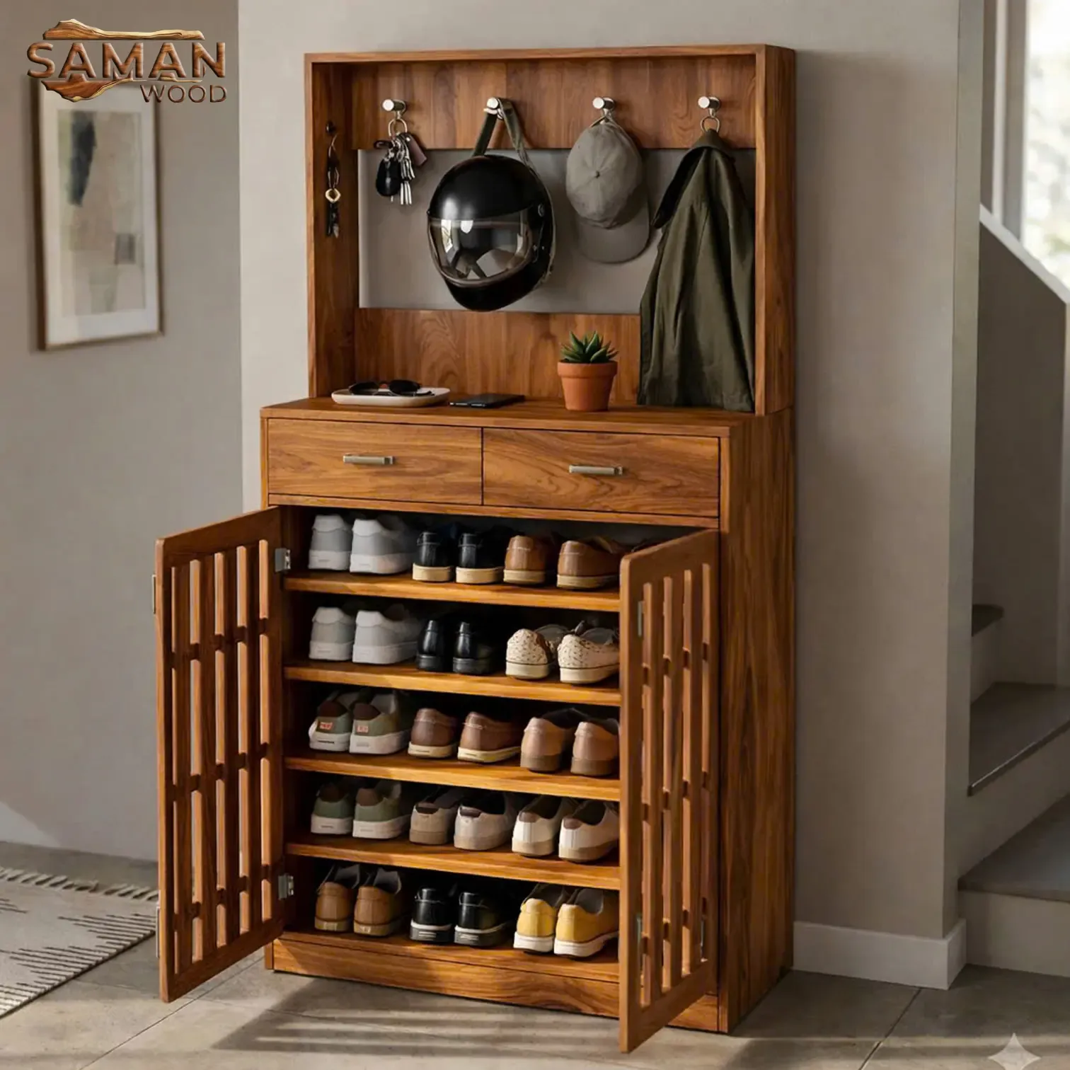 Tủ Để Giày Gỗ Tự Nhiên Có Móc Để Chìa Khóa, Áo Khoác