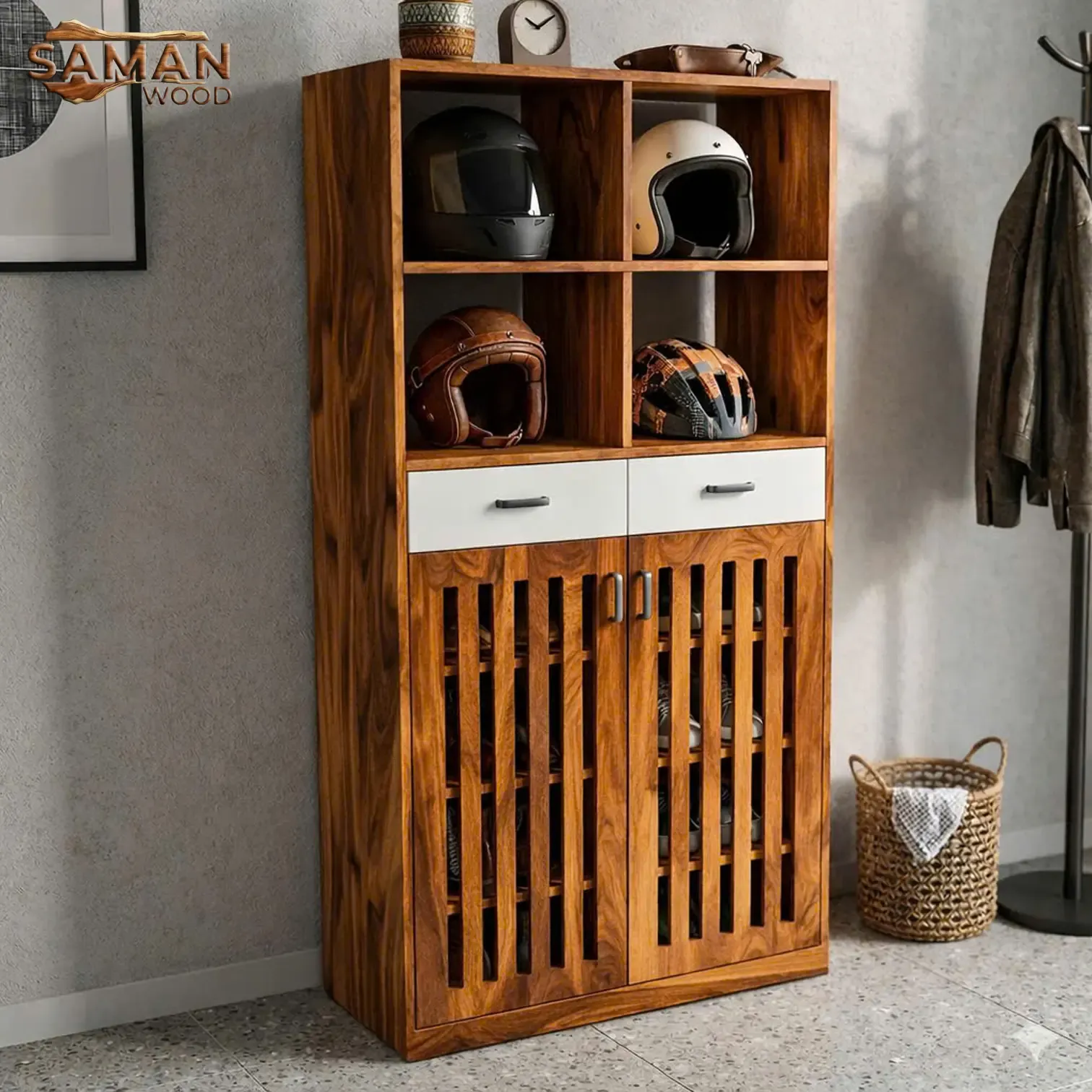 Tủ Để Giày Gỗ Tự Nhiên Me Tây 4 Ô